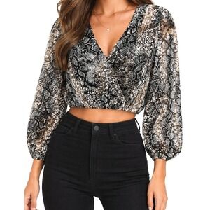 Alice + Olivia Luba Snake Print Burnout Silk Blend Blouse Women S Faux Wrap Crop